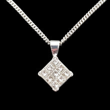 Load image into Gallery viewer, A square shaped diamond cluster pendant in white gold with a curb link chain, on a black background