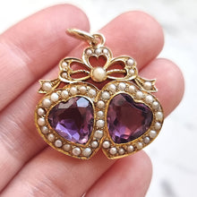 Load image into Gallery viewer, Antique 18ct Gold Amethyst and Seed Pearl Double Heart Pendant