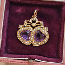 Load image into Gallery viewer, Antique 18ct Yellow Gold Amethyst and Seed Pearl Double Heart Pendant