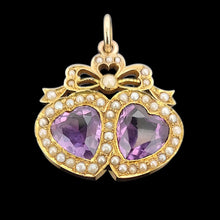 Load image into Gallery viewer, Antique 18ct Gold Amethyst and Seed Pearl Double Heart Pendant