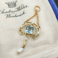 Load image into Gallery viewer, An aquamarine and pearl drop pendant in yellow gold, in an antique box