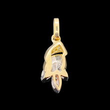 Load image into Gallery viewer, A yellow and white gold diamond set leaf shaped pendant, on a black background
