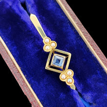 Load image into Gallery viewer, A yellow gold square sapphire and seed pearl pendant, in an antique box