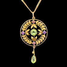 Load image into Gallery viewer, A peridot and amethyst yellow gold drop pendant, with a chain