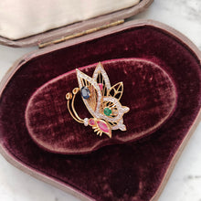 Load image into Gallery viewer, A yellow gold butterfly pendant with diamonds, rubies, a sapphire and an emerald, in an antique box