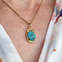 Load image into Gallery viewer, Victorian 18ct Yellow Gold Turquoise Pavé Pendant modelled with a box link chain