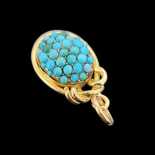 Load image into Gallery viewer, Victorian 18ct Yellow Gold Turquoise Pavé Pendant close-up of the decorative top border, on a blackbackground