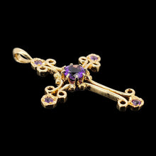 Load image into Gallery viewer, A fancy design cross pendant with five amethysts, on a black background