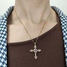 Load image into Gallery viewer, A fancy design cross pendant with five amethysts, modelled with a gold chain
