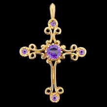 Load image into Gallery viewer, A fancy design cross pendant with five amethysts, on a black background