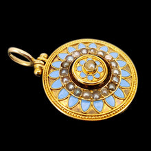 Load image into Gallery viewer, An antique pendant in yellow gold with seed pearls and light blue enamel, on a black background