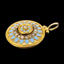 Load image into Gallery viewer, An antique pendant in yellow gold with seed pearls and light blue enamel, on a black background
