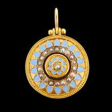 Load image into Gallery viewer, An antique pendant in yellow gold with seed pearls and light blue enamel, on a black background
