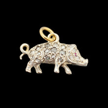 Load image into Gallery viewer, A diamond and ruby set silver pig charm with a gold jump ring