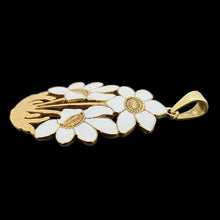 Load image into Gallery viewer, A white enamelled flower pendant, on a black background