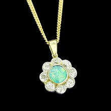 Load image into Gallery viewer, Antique 18ct Gold Opal and Diamond Cluster Pendant with a yellow gold curb link chain, on a black background