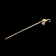 Load image into Gallery viewer, A sapphire and pearl tie pin in yellow gold, on a black background