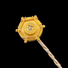 Load image into Gallery viewer, An antique diamond tie or stick pin in yellow gold, on a black background