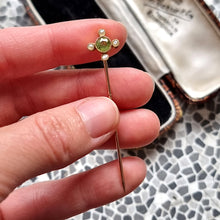 Load image into Gallery viewer, Antique 15ct & 9ct Gold Peridot and Pearl Tie/Stick Pin in hand