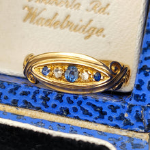 Load image into Gallery viewer, A yellow gold five stone sapphire and diamond ring, in a ring box