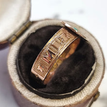 Load image into Gallery viewer, Victorian 9ct Gold Turquoise Mizpah Ring, Hallmarked Birmingham 1876 close-up of shank in box