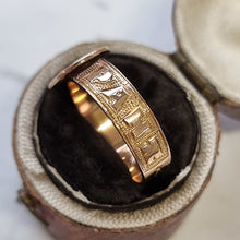 Load image into Gallery viewer, Victorian 9ct Gold Turquoise Mizpah Ring, Hallmarked Birmingham 1876 close-up of shank in box