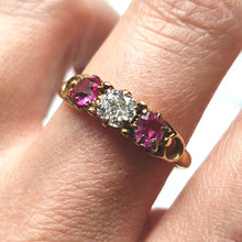 Load image into Gallery viewer, Antique 18ct Yellow Gold Ruby and Diamond Three Stone Ring