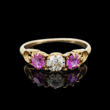 Load image into Gallery viewer, Antique 18ct Yellow Gold Ruby and Diamond Three Stone Ring