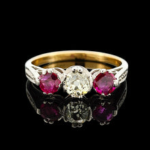 Load image into Gallery viewer, Vintage 18ct Gold Ruby and Diamond Three Stone Ring