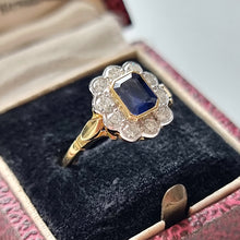 Load image into Gallery viewer, Vintage 18ct Yellow & White Gold Sapphire and Diamond Cluster Ring in box