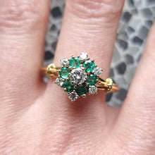 Load image into Gallery viewer, Vintage 18ct Gold Emerald and Diamond Cluster Ring modelled