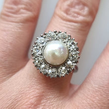 Load image into Gallery viewer, Vintage 18ct White Gold Cultured Pearl and Diamond Cluster Ring