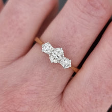 Load image into Gallery viewer, Vintage 18ct Gold Three Stone Oval and Brilliant Cut Diamond Ring, 0.60ct modelled