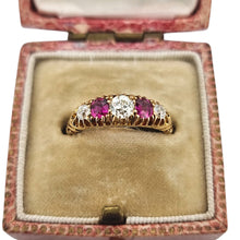 Load image into Gallery viewer, Victorian 18ct Gold Ruby and Old Cut Diamond Half Hoop Ring in box