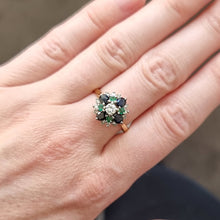Load image into Gallery viewer, Vintage 18ct Gold Sapphire, Emerald and Diamond Cluster Ring modelled