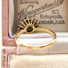 Load image into Gallery viewer, Vintage 18ct Gold Sapphire, Emerald and Diamond Cluster Ring behind head