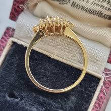 Load image into Gallery viewer, Vintage 18ct Yellow Gold Diamond Marquise Shaped Cluster Ring side profile, in box