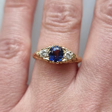 Load image into Gallery viewer, Vintage 18ct Gold Sapphire and Diamond Carved Half Hoop Ring modelled