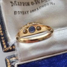 Load image into Gallery viewer, Vintage 18ct Gold Sapphire and Diamond Carved Half Hoop Ring behind head