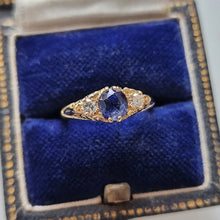 Load image into Gallery viewer, Vintage 18ct Gold Sapphire and Diamond Carved Half Hoop Ring in box