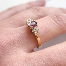 Load image into Gallery viewer, Vintage 18ct Gold Pink Tourmaline and Diamond Three Stone Ring, 0.25ct modelled
