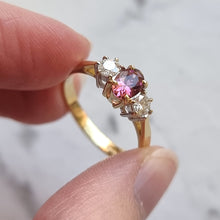 Load image into Gallery viewer, Vintage 18ct Gold Pink Tourmaline and Diamond Three Stone Ring, 0.25ct in hand