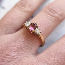 Load image into Gallery viewer, Vintage 18ct Gold Pink Tourmaline and Diamond Three Stone Ring, 0.25ct modelled