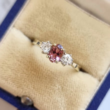 Load image into Gallery viewer, Vintage 18ct Gold Pink Tourmaline and Diamond Three Stone Ring, 0.25ct in box