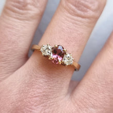 Load image into Gallery viewer, Vintage 18ct Gold Pink Tourmaline and Diamond Three Stone Ring, 0.25ct modelled