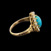 Load image into Gallery viewer, Antique 18ct Gold Turquoise and Diamond Oval Cluster Ring side