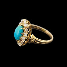 Load image into Gallery viewer, Antique 18ct Gold Turquoise and Diamond Oval Cluster Ring side