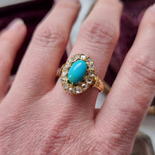 Load image into Gallery viewer, Antique 18ct Gold Turquoise and Diamond Oval Cluster Ring modelled