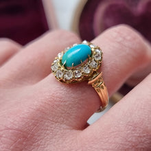 Load image into Gallery viewer, Antique 18ct Gold Turquoise and Diamond Oval Cluster Ring modelled