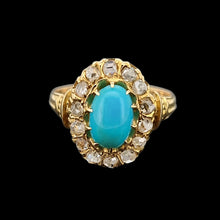 Load image into Gallery viewer, Antique 18ct Gold Turquoise and Diamond Oval Cluster Ring front